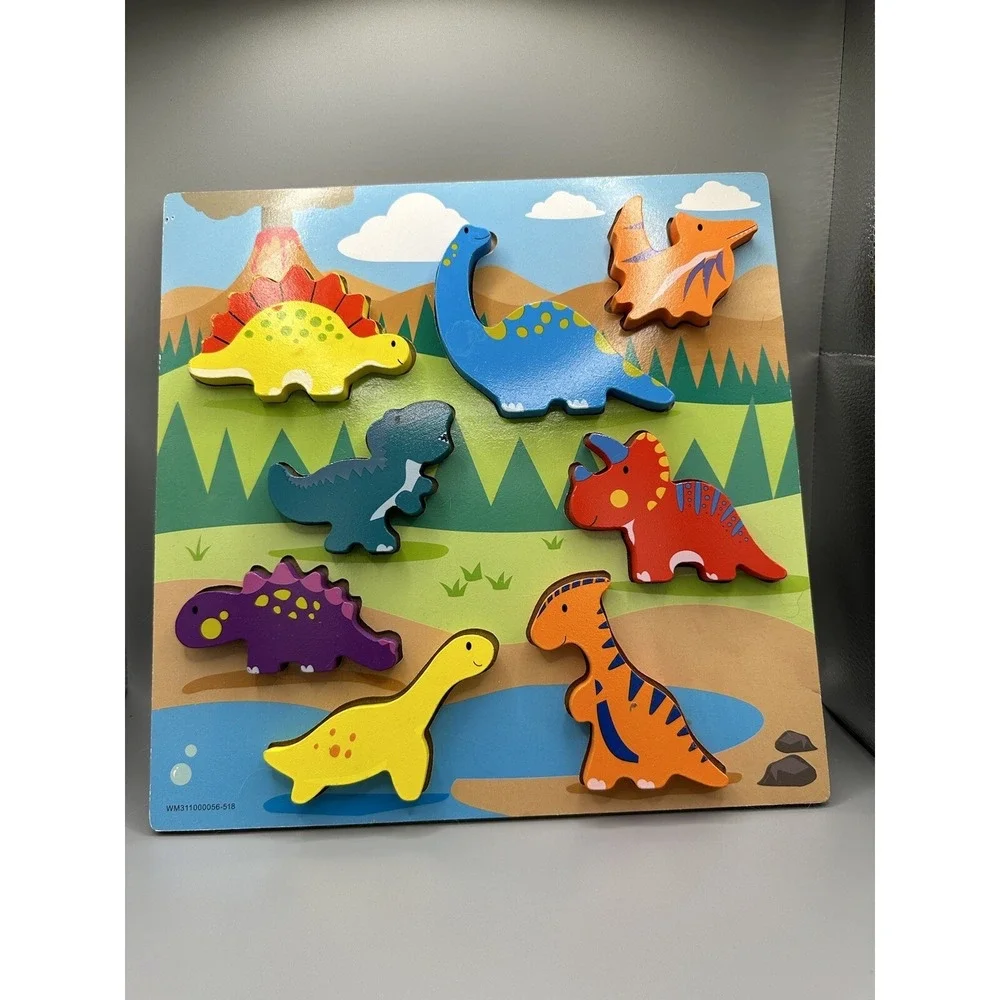 Wooden Arts Raised Chunky Dinosaurs Preschool 8 Pieces Wood TRAY Puzzle Colorful